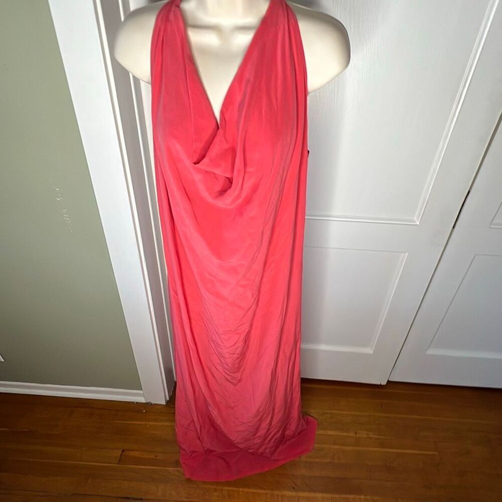 Beatrice B. Silk Cowl Halter Neck Maxi Dress Coral Size Medium